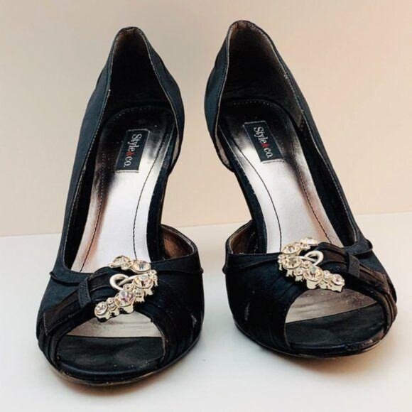Style & Co Black Satin Peep Toe Heels With Rhinestone Embellishment - Picture 3 of 11